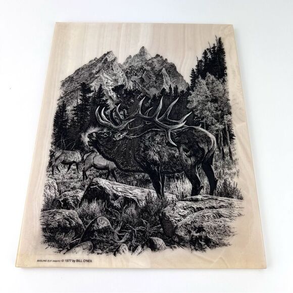 Vintage 1977 Montana Marble Art Etched Bugling Bull Elk Bill O'Neil Gorgeous - Picture 2 of 8